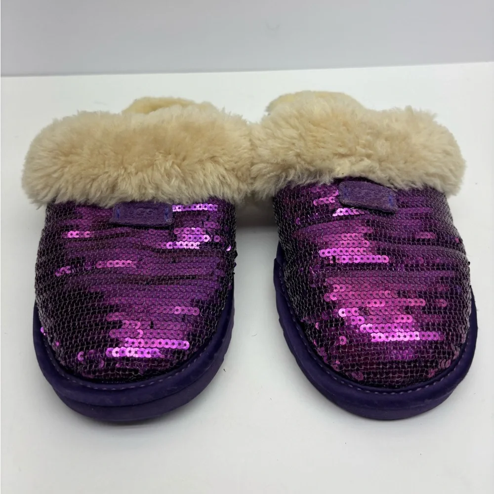Ugg Sparkling Purple Sequin Faux-Fur Slippers, size 4 big girl, box 29